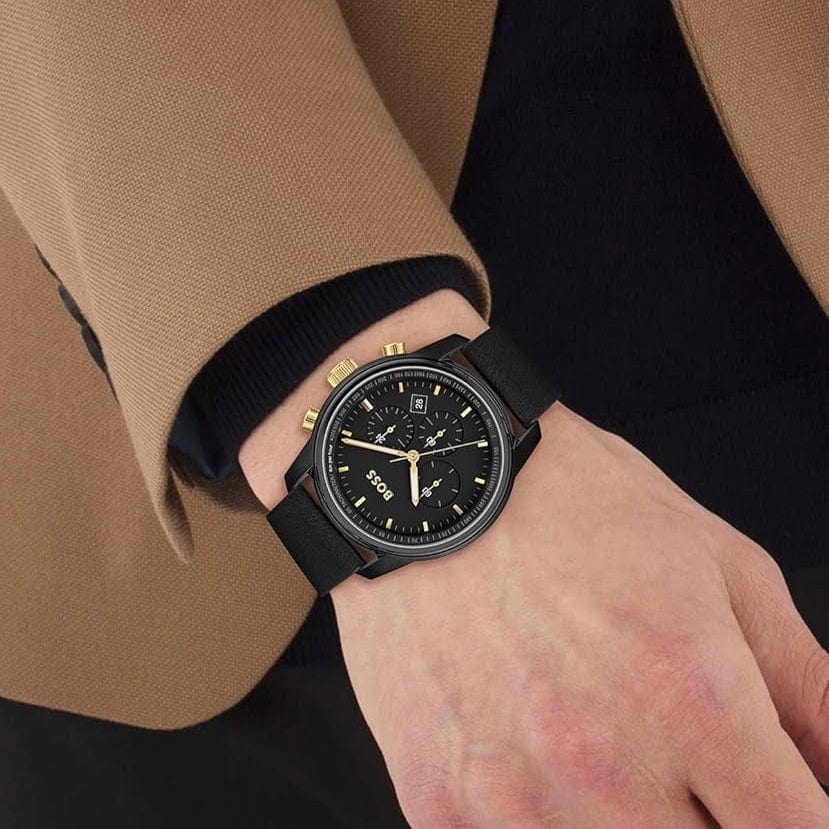 Hugo Boss Trace Chronograph Black Dial Black Leather Strap Watch for Men - 1514003
