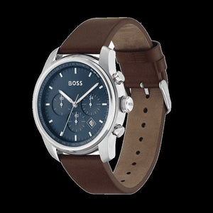 Hugo Boss Trace Chronograph Blue Dial Brown Leather Strap Watch for Men - 1514002