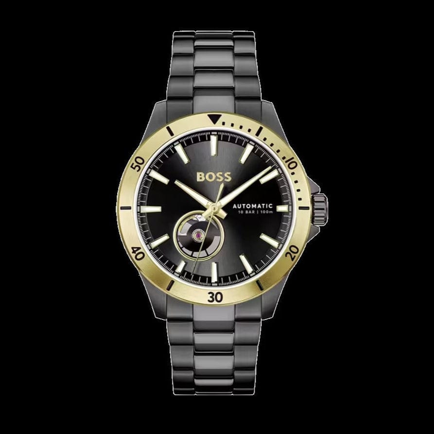Hugo Boss Troper Chronograph Automatic Black Dial Black Steel Strap Watch for Men - 1514203