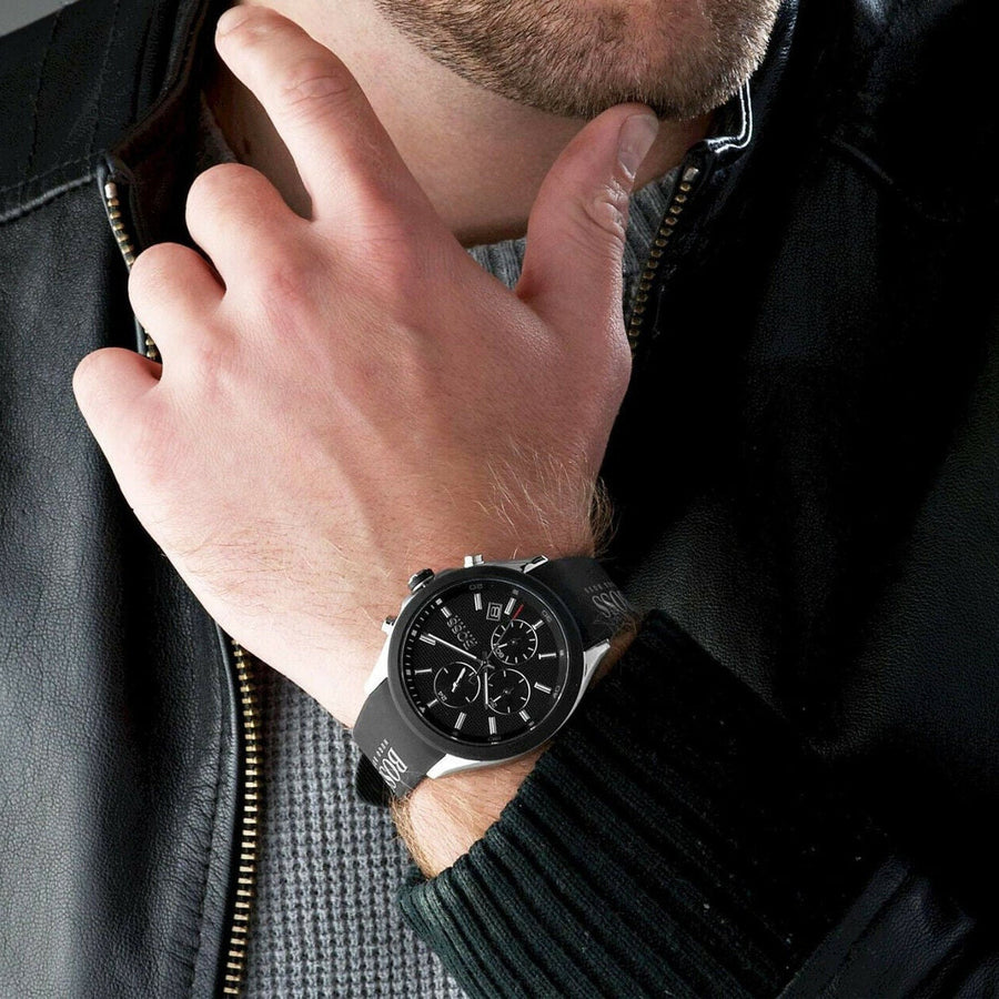 Hugo Boss Velocity Black Dial Black Leather Strap Watch for Men - 1513716