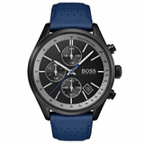 Hugo Boss Grand Prix Chronograph Black Dial Blue Leather Strap Watch for Men - 1513563