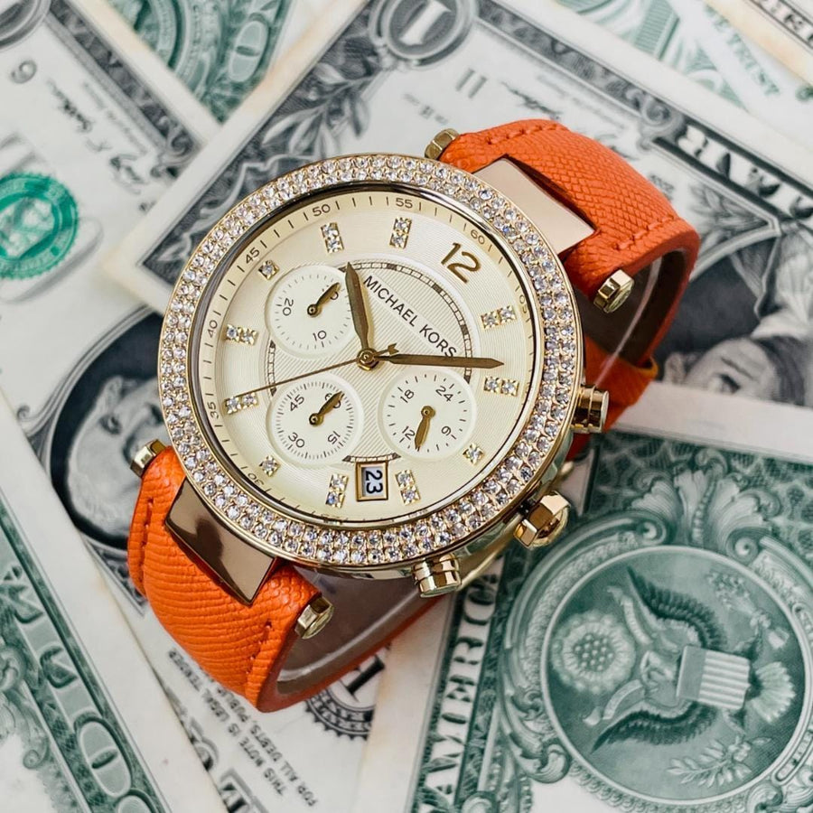Michael Kors Parker Champagne Dial Orange Leather Strap Watch for Women - MK2279