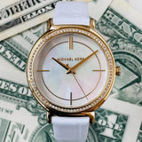 Michael Kors Cinthia Mother of Pearl Dial White Leather Strap Watch for Women - MK2662