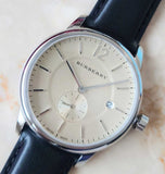 Burberry The Classic Horseferry Beige Dial Black Leather Strap Watch for Men - BU10000