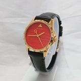 Gucci G Timeless Coral Red Dial Black Leather Strap Watch For Men - YA126464