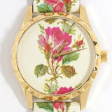 Gucci G Timeless Floral Gold Dial White Leather Strap Watch For Women - YA1264084