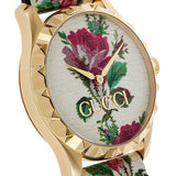 Gucci G Timeless Floral Gold Dial White Leather Strap Watch For Women - YA1264084