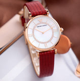 Emporio Armani Gianni T-Bar Analog Mother of Pearl Dial Red Leather Strap Watch For Women - AR11322