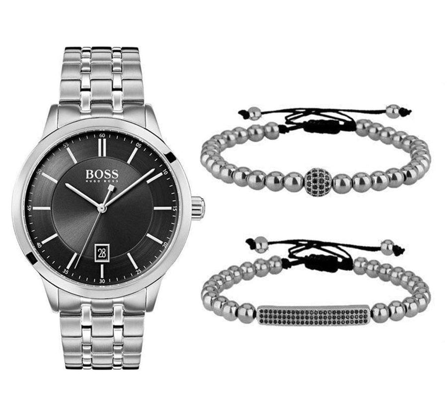 Hugo Boss Officer Black Dial Silver Steel Strap Watch for Men - 1513614