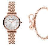 Emporio Armani Gianni T-Bar Crystals Silver Dial Rose Gold Steel Strap Watch For Women - AR11446