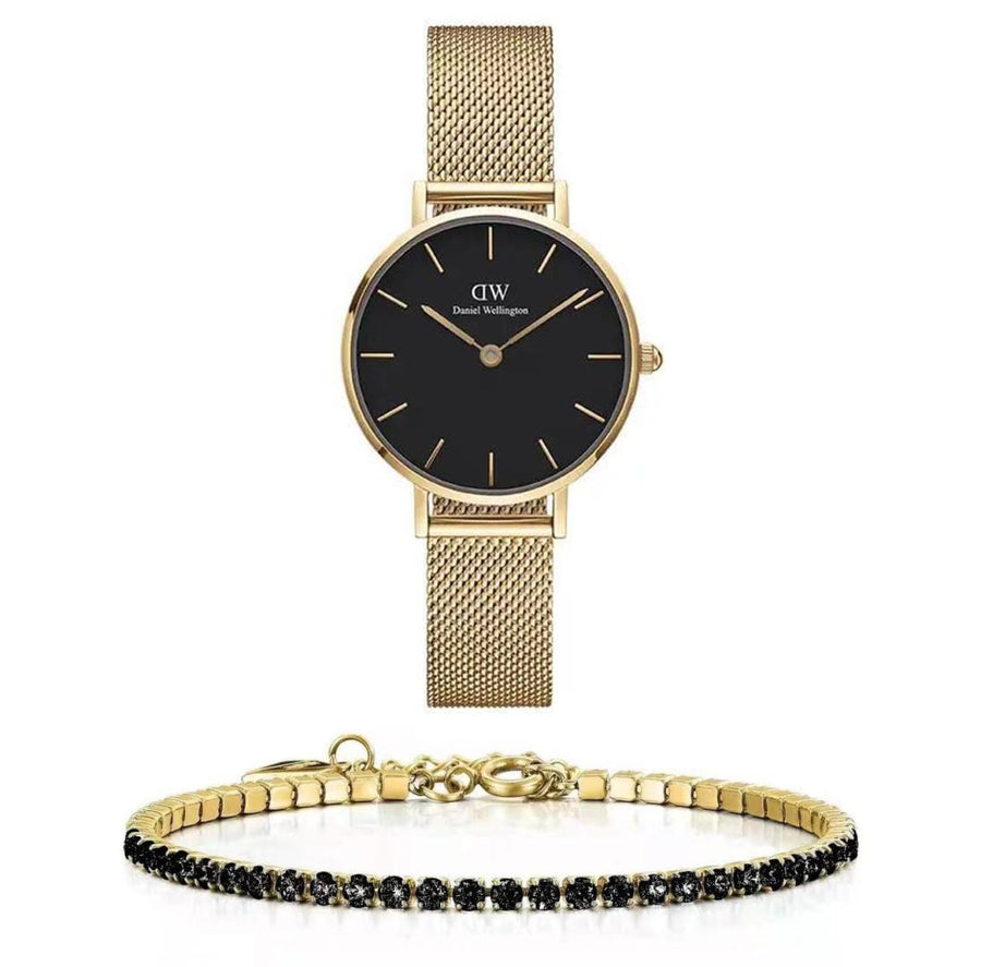 Daniel Wellington Classic Petite Evergold Black Dial Gold Mesh Bracelet Watch For Women - DW00100349