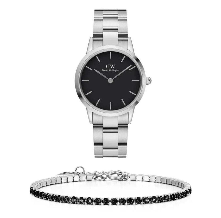 Daniel Wellington Iconic Link Black Dial Silver Steel Strap Watch For Women - DW00100208