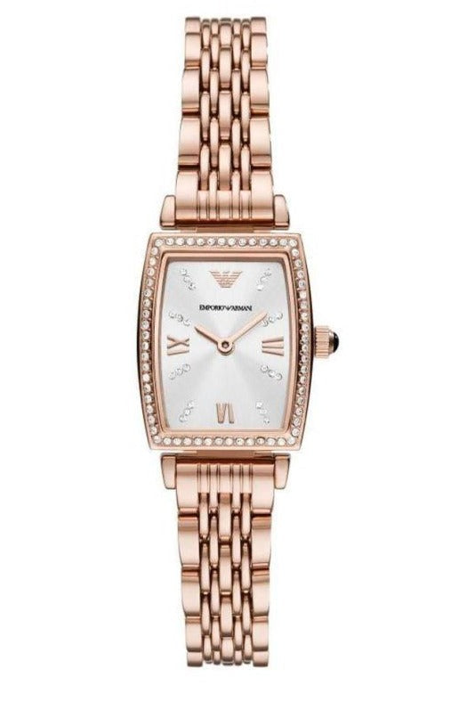 Emporio Armani Gianni T Bar Quartz Crystals White Dial Rose Gold Steel Strap Watch For Women - AR11406