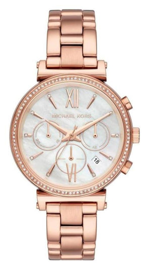 Michael Kors Sofie Chronograph Mother of Pearl White Dial Rose Gold Steel Strap Watch For Women - MK6576