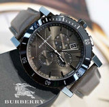 Burberry The City Chronograph Ion Plated Grey Dial Grey Leather Strap Watch for Men - BU9384