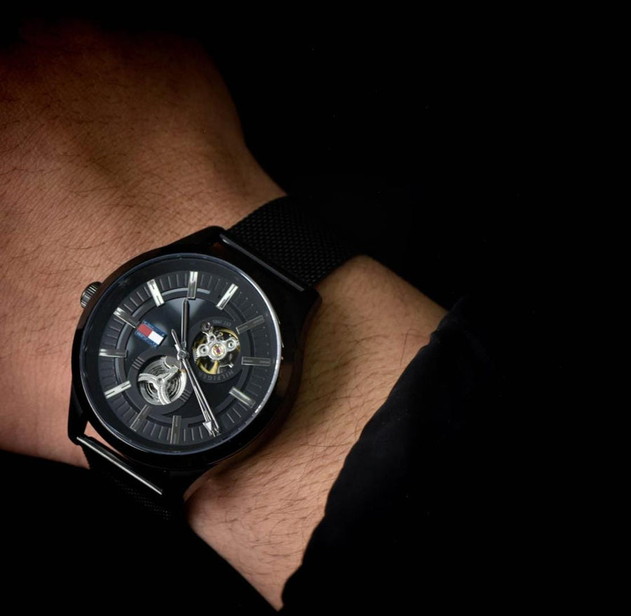 Tommy Hilfiger Spencer Skeleton Black Dial Black Mesh Bracelet Watch for Men - 1791644