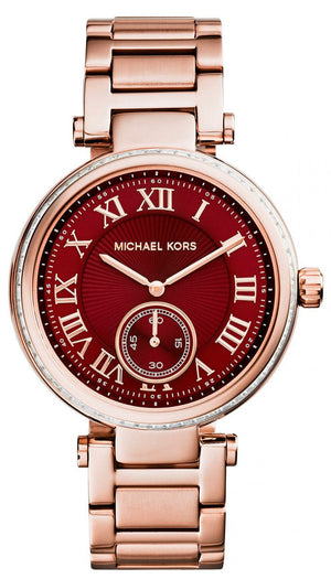 Michael Kors Skylar Maroon Dial Rose Gold Steel Strap Watch for Women - MK6086