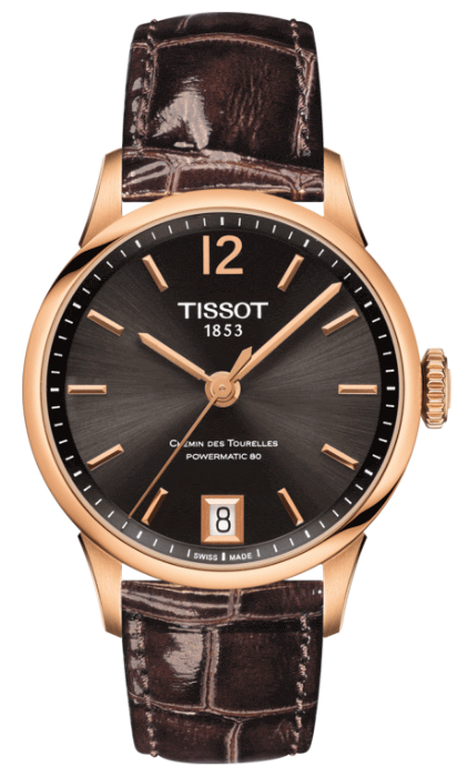 Tissot Chemin Des Tourelles Powermatic 80 Lady Brown Dial Brown Leather Strap Watch For Women - T099.207.36.447.00