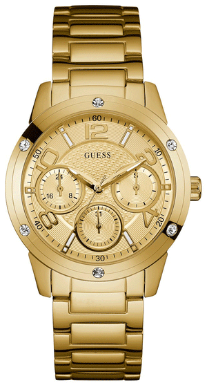 Guess Crystal Multifunction Gold Dial Gold Steel Strap Watch for Women - W0778L2