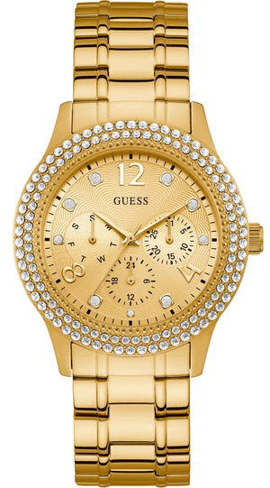 Guess Bedazzle Diamonds Gold Dial Gold Steel Strap Watch For Women - W1097L2