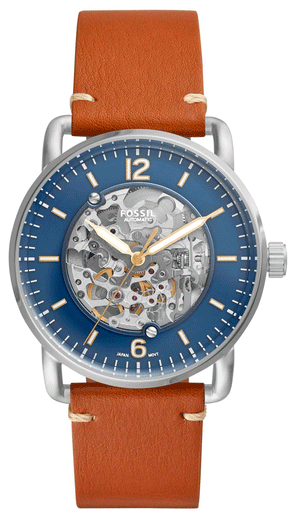 Fossil Commuter Automatic Skeleton Blue Dial Brown Leather Strap Watch for Men - ME3159