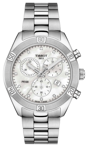 Tissot PR 100 Sport Chic Chronograph Diamonds Mother of Pearl Dial Silver Steel Strap Watch for Women - T101.917.11.116.00