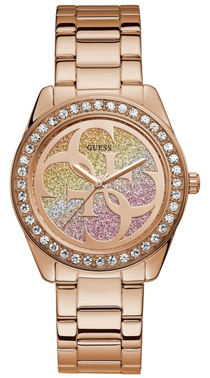 Guess G Twist Diamonds Rose Gold Dial Rose Gold Steel Strap Watch For Women - W1201L3