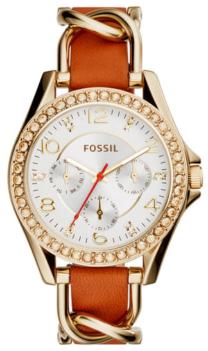 Fossil Riley Multifunction White Dial Orange Leather Strap Watch for Women - ES3723