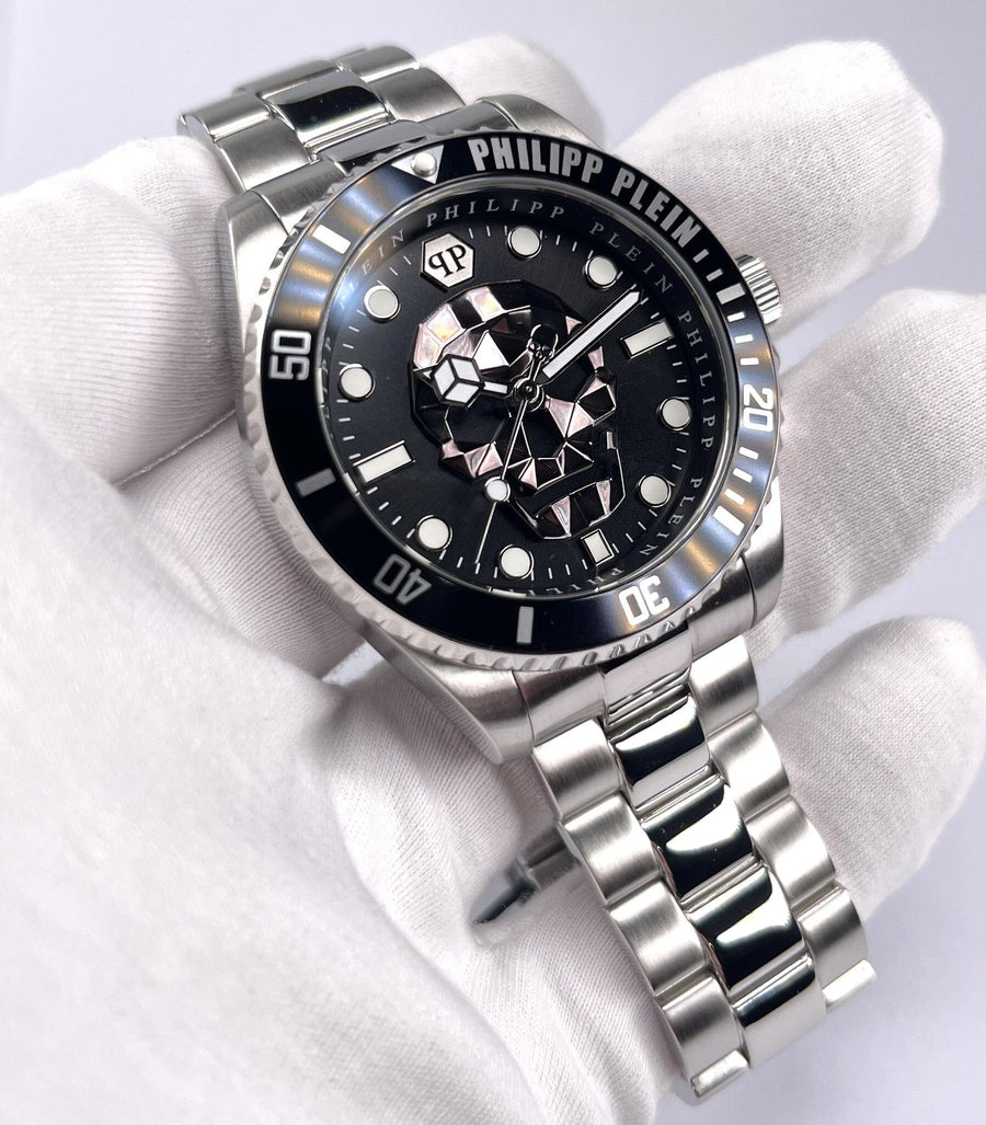 Philipp Plein The $kull Diver Black Dial Silver Stainless Steel Strap Watch For Men- PWOAA0522