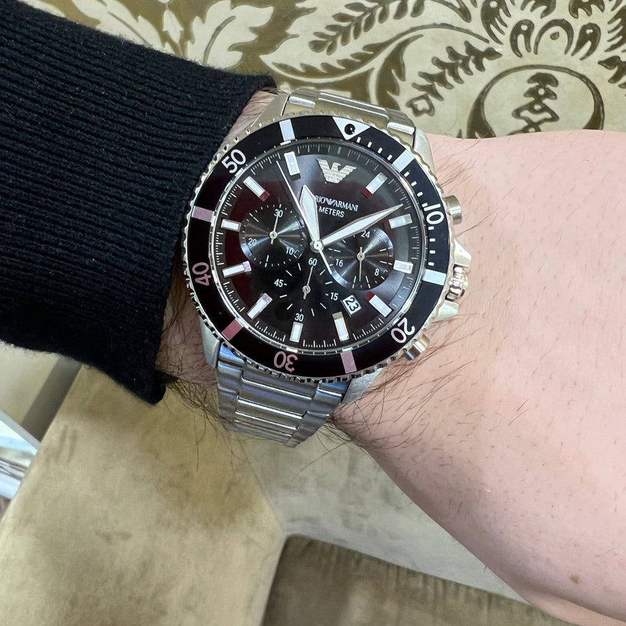 Emporio Armani Diver Chronograph Quartz Black Dial Silver Steel Strap Watch For Men - AR11360