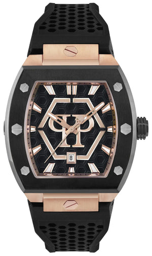 Philipp Plein Hexagon Phantom Black Dial Black Silicone Strap Watch For Men- PWPUA0124
