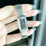 Gucci G Frame Quartz Diamonds Green & Red Mother of Pearl Dial Silver Mesh Bracelet Watch For Women - YA147510