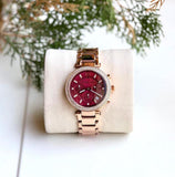 Michael Kors Parker Chronograph Red Dial Rose Gold Steel Strap Watch For Women - MK6106