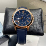 Fossil Grant Chronograph Blue Dial Blue Leather Strap Watch for Men - FS4835