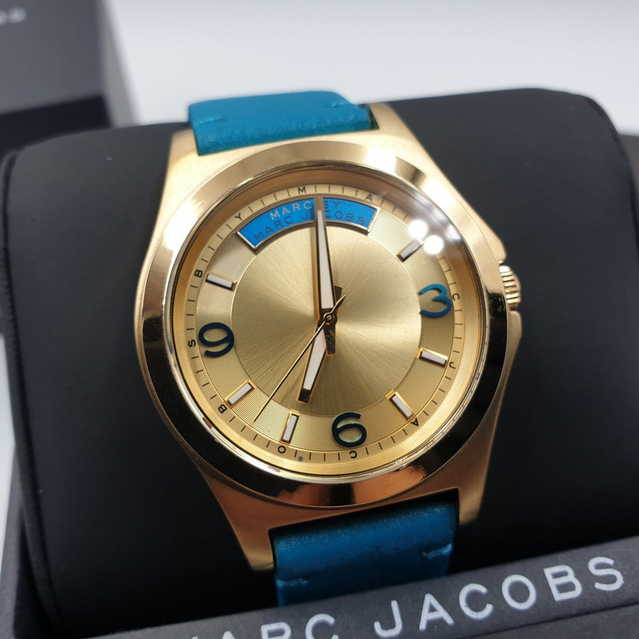 Marc Jacobs Baby Dave Gold Dial Blue Leather Strap Watch for Women - MBM1263