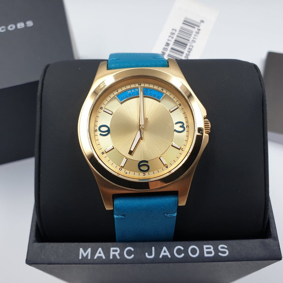 Marc Jacobs Baby Dave Gold Dial Blue Leather Strap Watch for Women - MBM1263