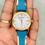 Burberry The City Gold Dial Blue Leather Strap Watch for Women - BU9018