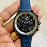 Hugo Boss Grand Prix Chronograph Black Dial Blue Leather Strap Watch for Men - 1513563