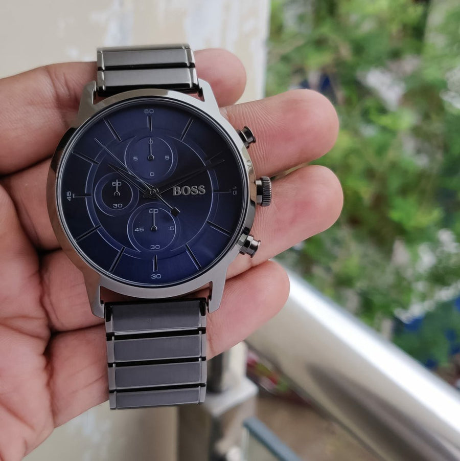 Hugo Boss Architectural Chronograph Blue Dial Grey Steel Strap Watch for Men - 1513574