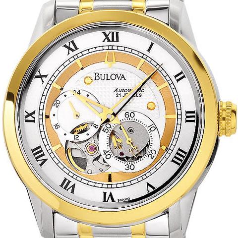 Bulova BVA Skeleton Silver Dial Two Tone Steel Strap Watch for Men - 98A123