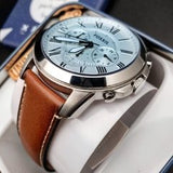 Fossil Grant Chronograph Blue Dial Brown Leather Strap Watch for Men - FS5184