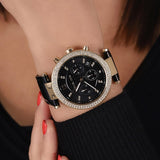 Michael Kors Parker Chronograph Black Dial Black Leather Strap Watch For Women - MK6984