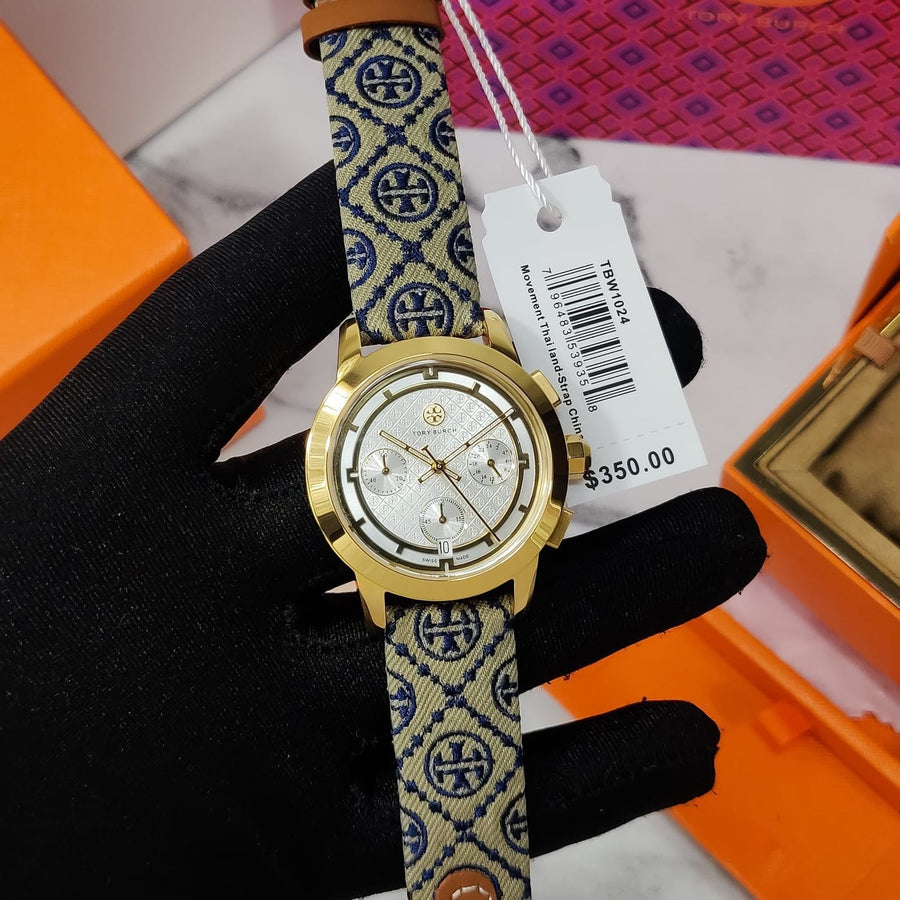 Tory Burch Classic Chronograph White Dial Grey Nylon Strap Watch for Women - TBW1035
