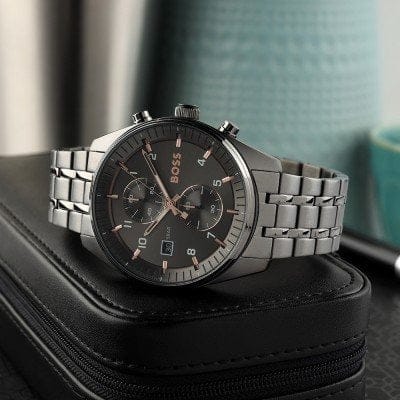 Hugo Boss Skytraveller Chronograph Gunmetal Grey Dial Grey Steel Strap Watch for Men - 1514153