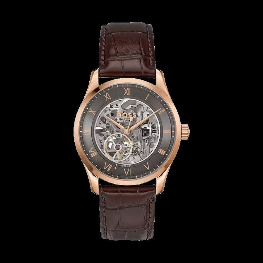 Hugo Boss Principle Skeleton Grey Dial Brown Leather Strap Watch for Men - 1514253
