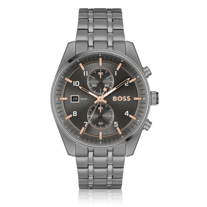 Hugo Boss Skytraveller Chronograph Gunmetal Grey Dial Grey Steel Strap Watch for Men - 1514153