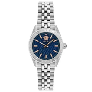 Versace V-Code Analog Blue Dial Silver Steel Strap Watch for Women - VE8I00324