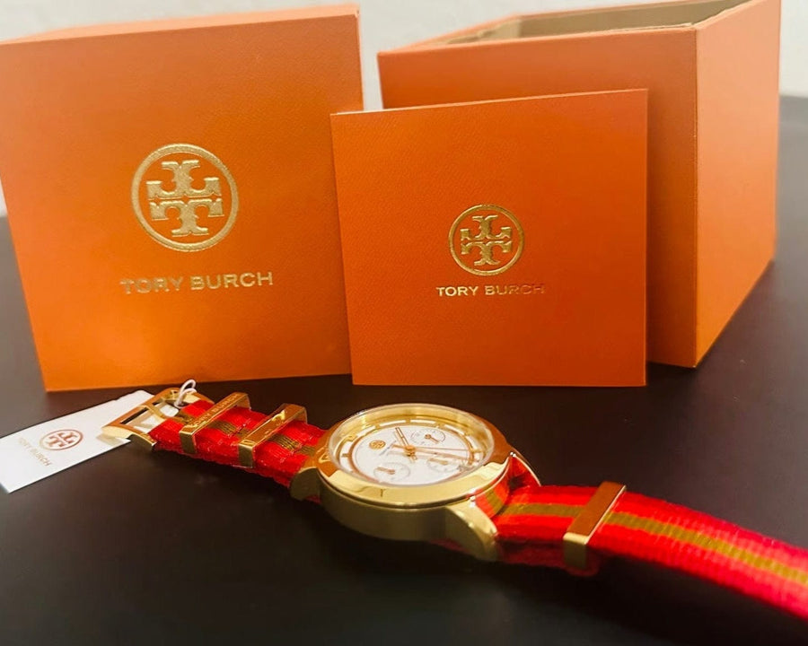 Tory Burch The Tory Chronograph White Dial Tri Tone NATO Strap Watch for Women - TBW1036