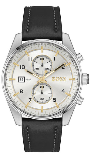 Hugo Boss Skytraveller Chronograph Silver Dial Black Leather Strap Watch for Men - 1514147