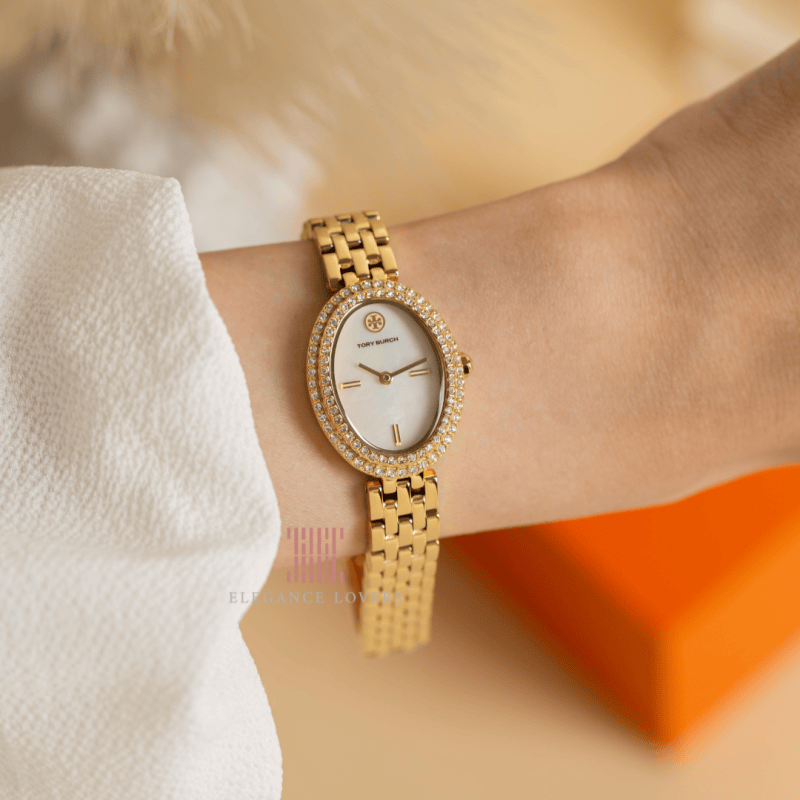 Tory Burch Oval Mother of Pearl Dial Gold Steel Strap Watch for Women - TBW6034